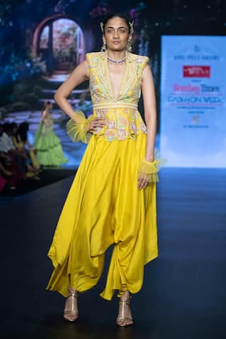 Embroidered Yellow Peplum Jacket & Draped Pant Set For Kids