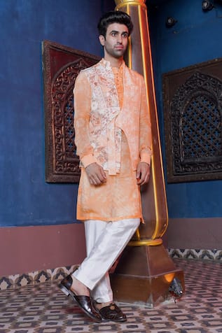 Ankur J Floral Print Asymmetric Bundi Kurta Set 