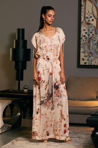 Siddartha Tytler Floral Bee Print Slit Kaftan 