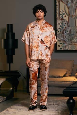 Siddartha Tytler Moth Rose Print Shirt With Pyjama Pant 