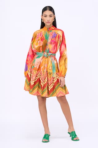 Siddhartha Bansal Bed Of Roses Print Dress With Belt 