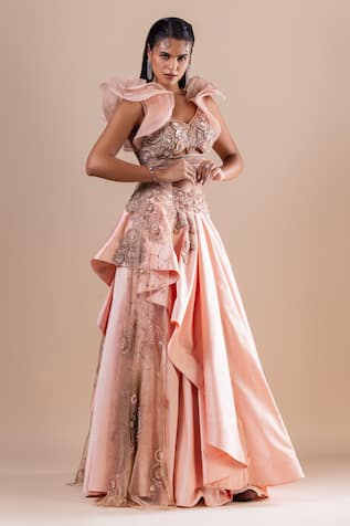 Raj Arora Sequin Butti Embroidered Draped Lehenga With Cropped Blouse 