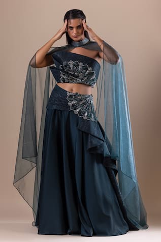 RAJ ARORA Swarovski Embroidered Draped Lehenga & Blouse Set 