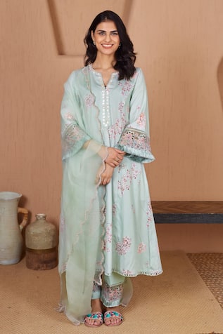 Bhawna Sethi Lovebird Floral Print A-Line Kurta Set With Dupatta 