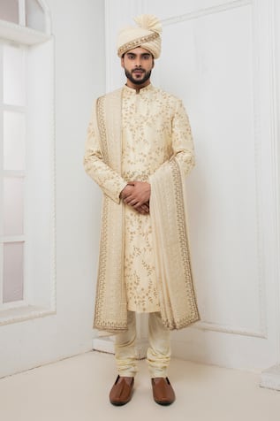 Darshika Menswear Raw Silk Embroidered Sherwani Churidar Set 