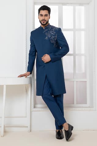 Darshika Menswear Placement Motif Embroidered Bandhgala & Straight Pant Set 