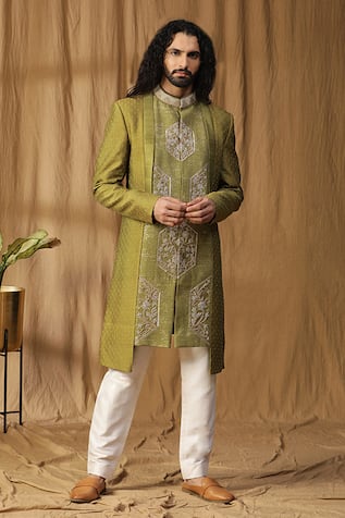 Kudrat Couture Asymmetric Embroidered Sherwani & Pant Set 