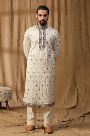 Kudrat Couture Silk Embroidered Kurta & Pant Set 