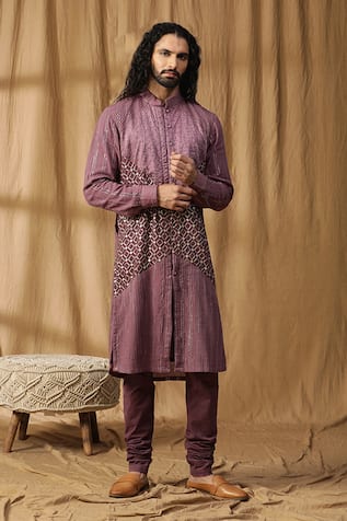 Kudrat Couture Chanderi Silk Embroidered Panel Kurta & Churidar Set 