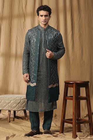 Kudrat Couture Dabka & Nalki Embroidered Motif Jacket Kurta Set 