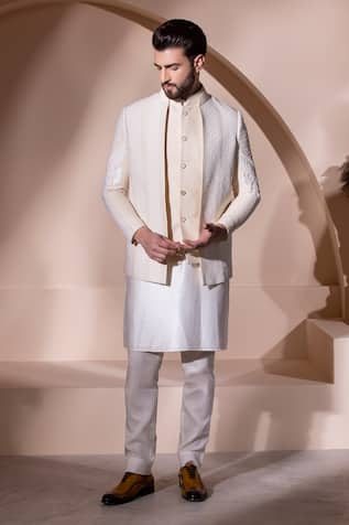 Amit Arora Hand Embroidered Cream Jacket & Kurta Set 