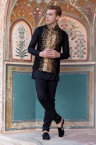 Amit Arora Sequin Embroidered Black Bundi Kurta Set 