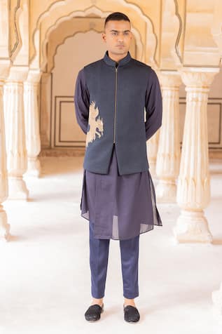 Quilted Dragon Embroidered Bundi Kurta Set 
