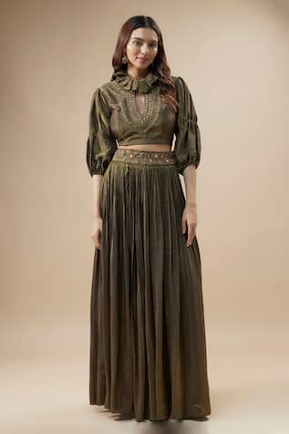 Zari Work Ruffle Top & Pleated Skirt Set 