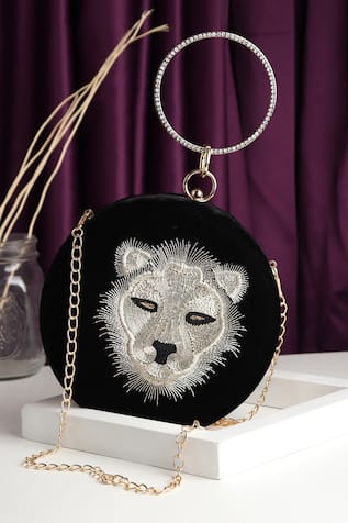 House of Webhin Tiger Zardosi Embroidered Round Clutch 