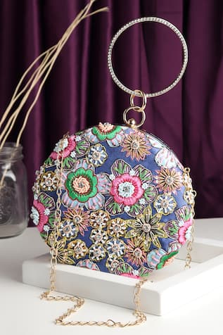 House of Webhin Floral Print Embroidered Round Clutch 