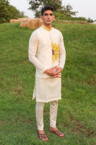 House of KOA Golden Petal Embroidered Nehru Jacket & Kurta Set 