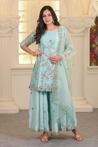 Floral Embroidered Kurta & Sharara Set For Kids
