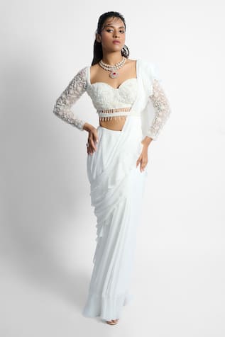 Damoiselle Ivory Iconic Pre-Draped Ruffle Saree Set 