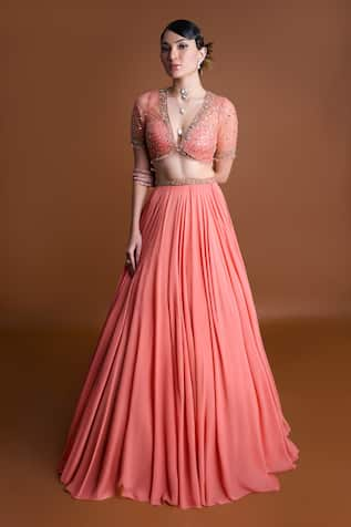 Damoiselle Apricot Affair Embroidered Blouse & Lehenga Set 