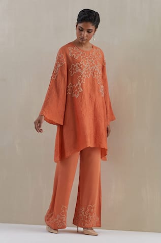 One Not Two Hand Embroidered Orange Kaftan & Pant Set 