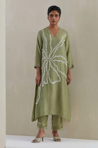 One Not Two Hand Embroidered Asymmetric Kaftan & Pant Set 