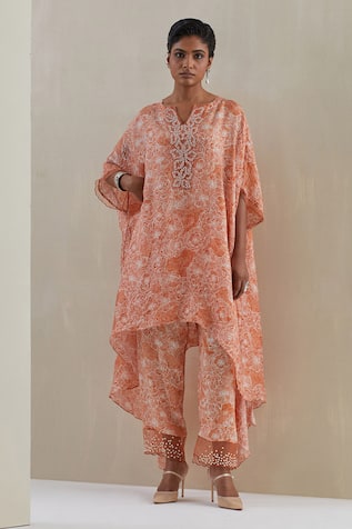 Hand Embroidered Floral Kaftan & Pant Set 