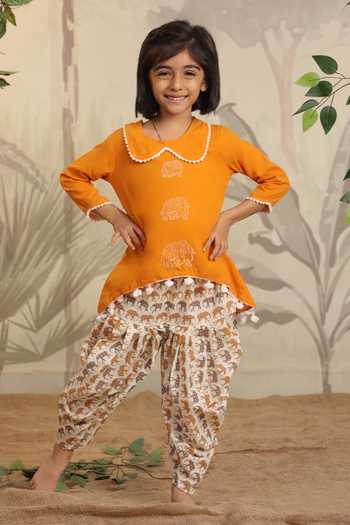 Cute Couture Elephant Print Kurta & Dhoti Pant Set 