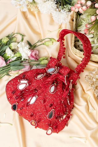 EENA Zuri Velvet Mirror & Pearl Embroidered Potli Bag 