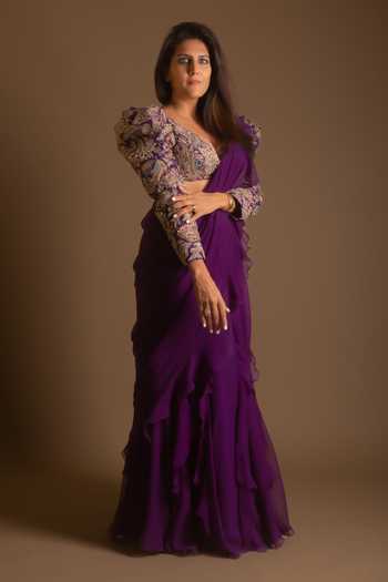 Mrunalini Rao Ruffle Saree With Multi Colored Embroidered Blouse 