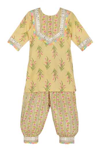 MINIME ORGANICS Lily Print Mirror Lace Embroidered Kurta With Harem Pant 