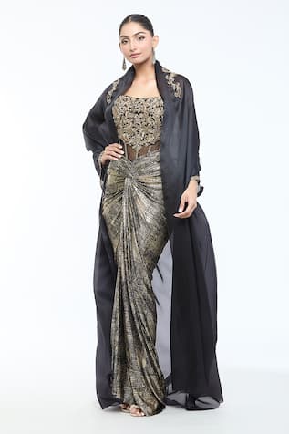 Tarun Tahiliani Crystal Embellished Cape Draped Skirt Set 