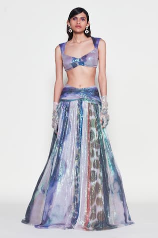 Aisha Rao Helicona Abstract Print Sequined Lehenga With Blouse 