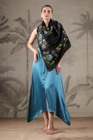 Geroo Jaipur Blooming Elegance Solid Asymmetric Dress With Handpainted Scarf 