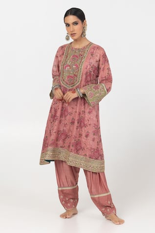 Pants And Pajamas Floral Embroidered Short Kurta With Salwar 