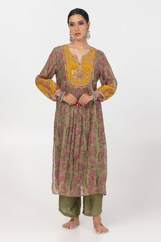 Pants And Pajamas Block Print Embroidered Yoke Kurta With Pant 