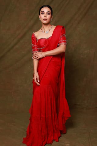Sequin & Bead Embroidered Pre-Draped Saree Set 