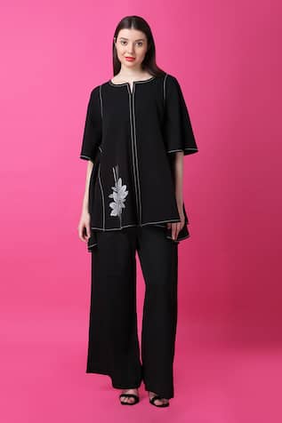 Floral Print Black Top & Wide Leg Pant Set For Kids