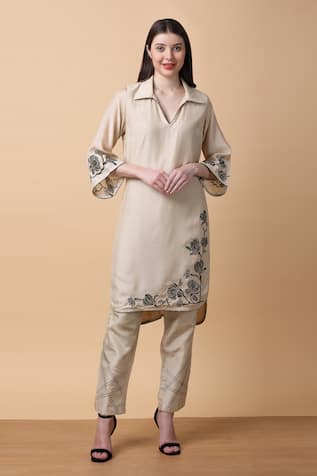 Beige Floral Embroidered Kurta & Pant Set For Kids