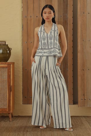 MUVAZO Hand Embroidered Halter Top With Wide Leg Pant 