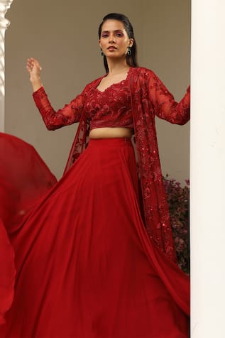 Saisha Flower Embroidered Jacket Skirt Set 