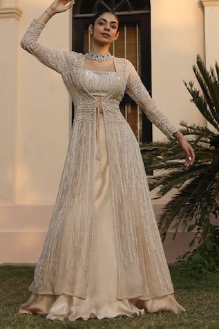 Saisha Sequin Embroidered Long Jacket & Skirt Set 