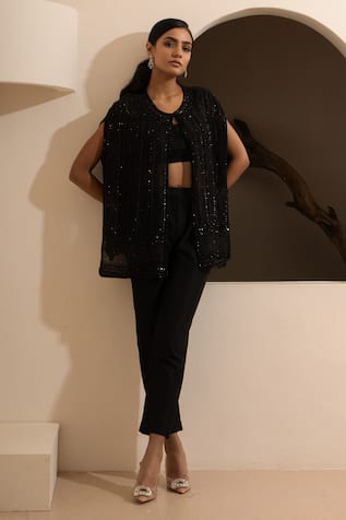 SAISHA Tonal Sequin Embroidered Cape & Pant Set 