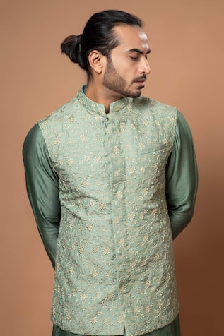 Priyanka Haralalka Floral Embroidered Olive Green Bundi 