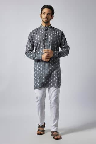 Grey Ikat Print Kurta Set For Kids