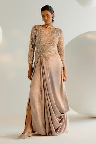 SHASHANK ARYA Pearl Embroidered Draped Gown 