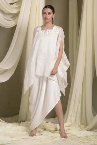 Tasuvure Indes Pristine Daisy Embroidered Pleated Cape With Cowl Draped Dress 