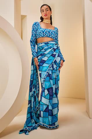 The Royaleum Geometric Patchwork Print Saree Set 