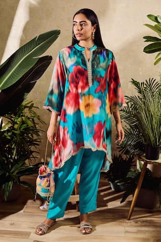 Rainas Faded Floral Print Kaftan & Pant Set 