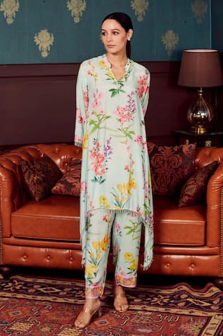 Rainas Zinnia Blossom Print Asymmetric Kurta With Pant 